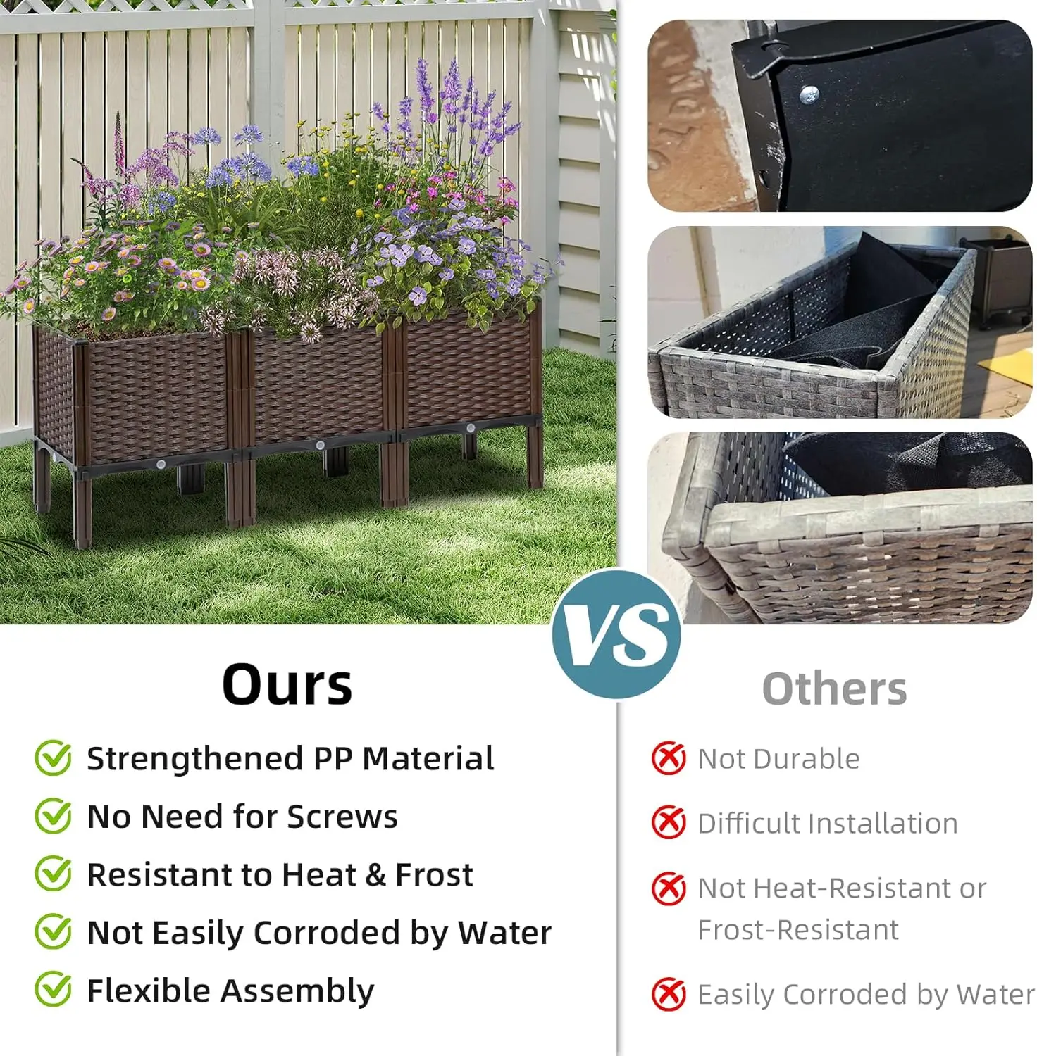 Outdoor Gardening Rattan Planter, Natural Color, Self-Watering and Rectangular Design view 3