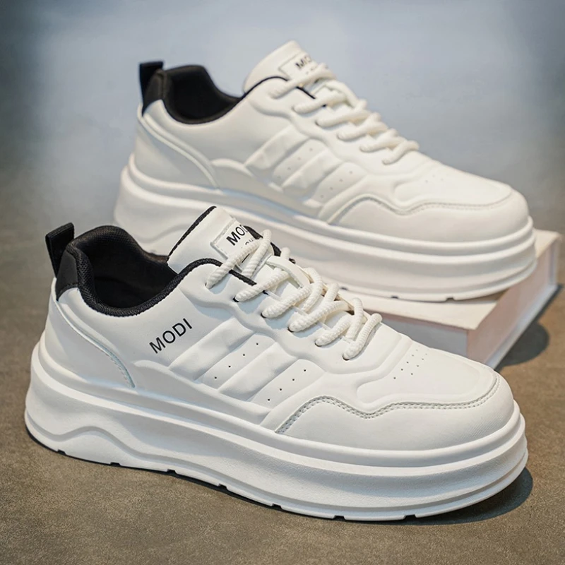 Men Striped Platform Skate Sneakers Smooth Faux Leather Thick Wave Midsole Minimalist All-match Daily Street Casual Board Shoes
