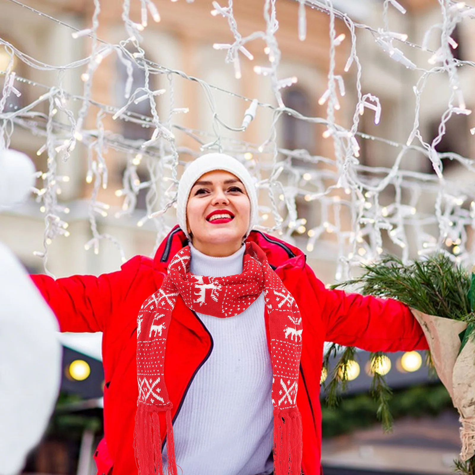 1개 겨울용 따뜻한 니트 스카프 부드러운 실 눈송이 패턴 휴일용 두꺼운 스카프 여성용