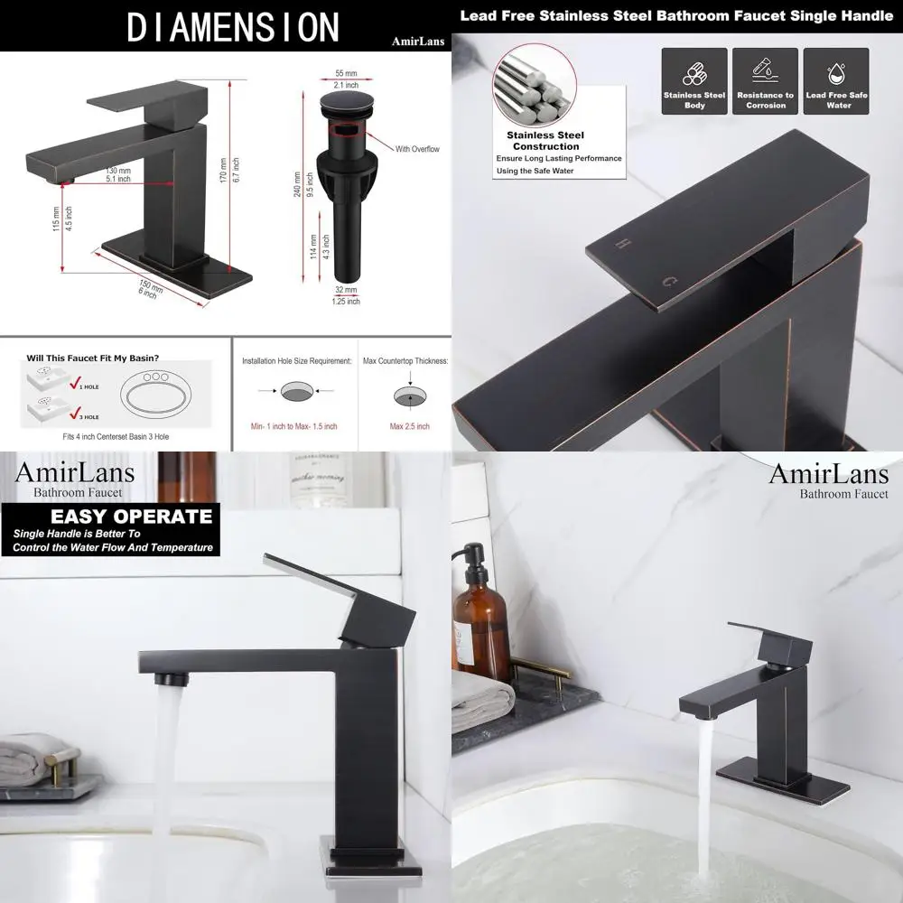 

Single Hole Oil-Rubbed Bronze Bathroom Sink Faucet with Pop-Up Drain, Stainless Steel Construction