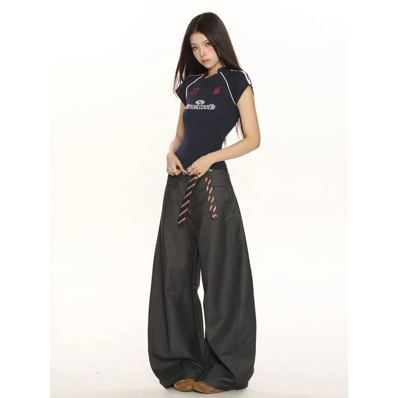 American Style High-end Casual Scimitar Trousers for Women with Niche Design Versatile Draped Wide-leg Floor Trousers