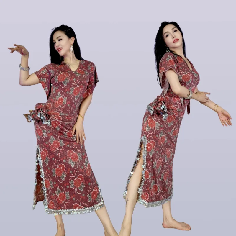 

Customized Swegal Belly Dance Costumes Practice Dress Brick Red Printed Butterfly Sparkle Robe Shabby Robe New Women's Clothing