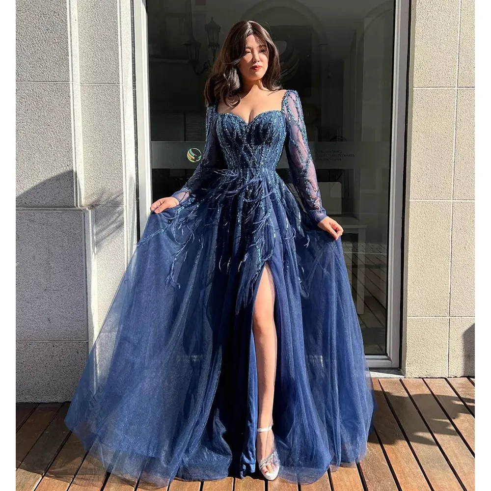 Formal Evening Dress Fashion Sweetheart Glitter Sequined Floor Length A-Line Gowns Long Sleeve Feather Slit Party Prom Dresses