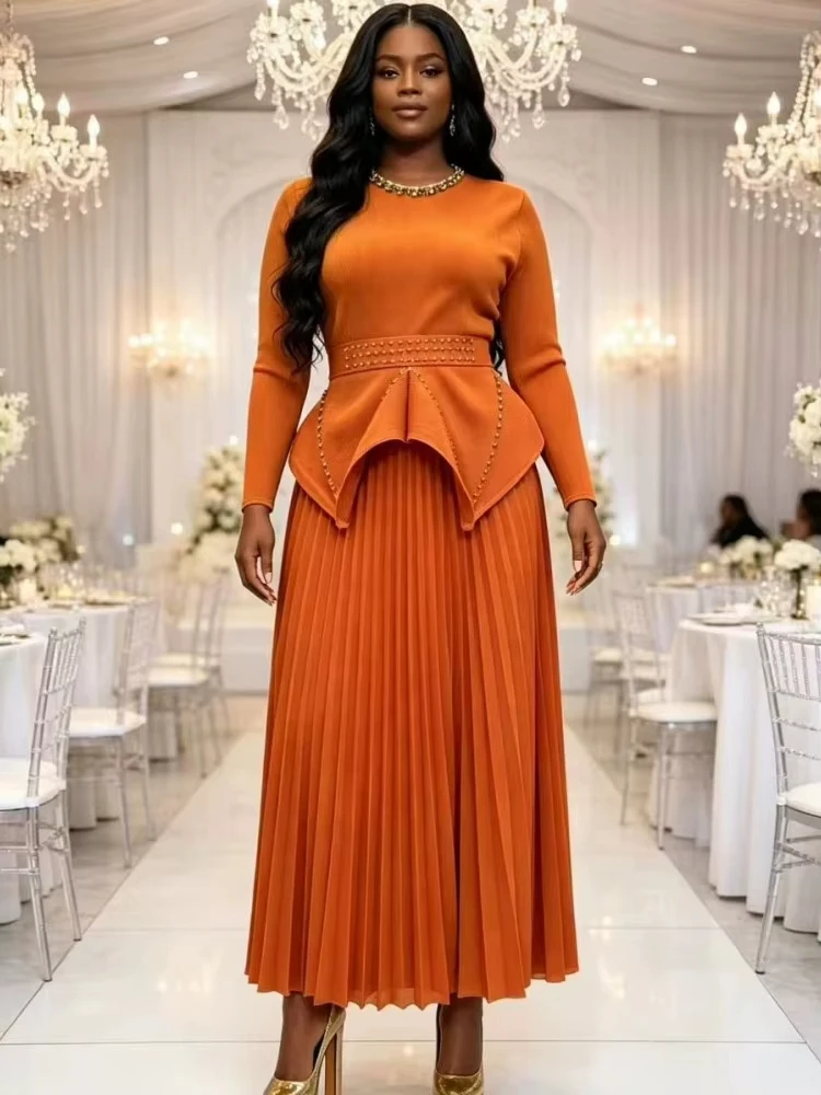 ANLAN Miyaki Pleated 2 Piece Sets Tops And Skirt Dresses For Women Elegant Dashiki Robe Kaftan Office Lady Maxi Dress Set 2AN397