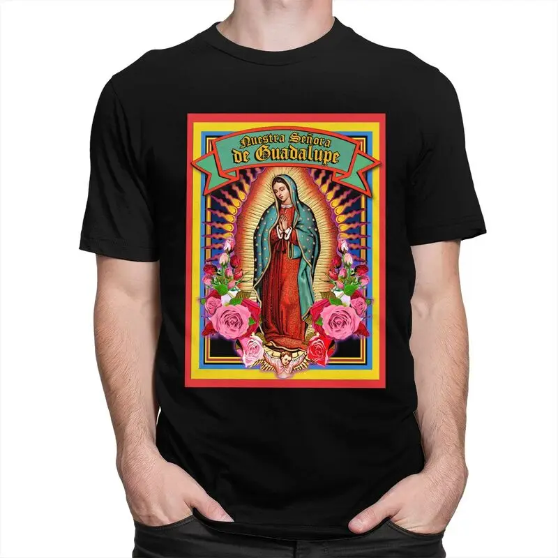 Custom Guadalupe Virgin Mary T Shirts for Men Pure Cotton Tee Tops Religious Art Tshirts Short Sleeve T-shirt