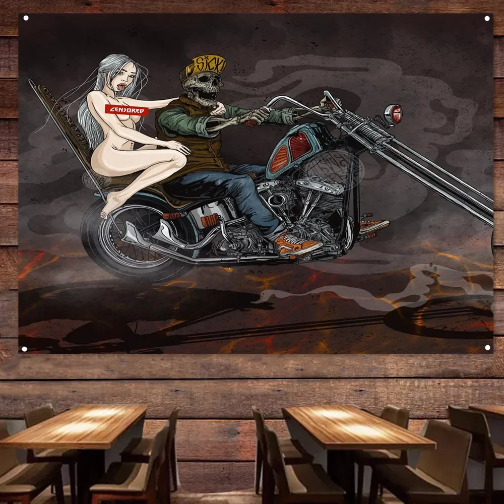 

Naked Babes Skeleton Rider Vintage Banner Motorcycle Painting for Garage Gas Station Man Cave Auto Repair Shop Home Decor Poster