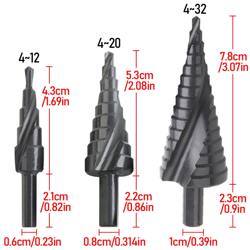 3 buah/Set 4-32mm Set mata bor Titanium HSS baja kecepatan tinggi Spiral beralur batang kayu/logam kerucut alat bor pemotong lubang