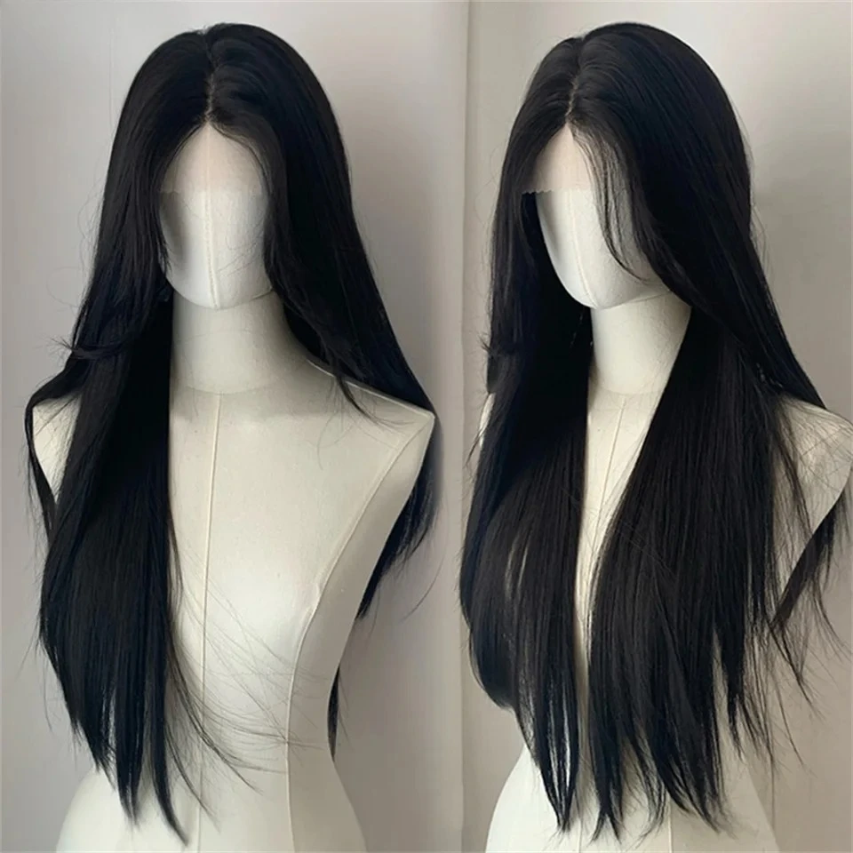 Lange, gerade, schwarze Lace-Front-Perücke, natürliche schwarze, vorgezupfte synthetische Lace-Front-Perücke für Frauen, klebefreie, hitzebeständige Faser