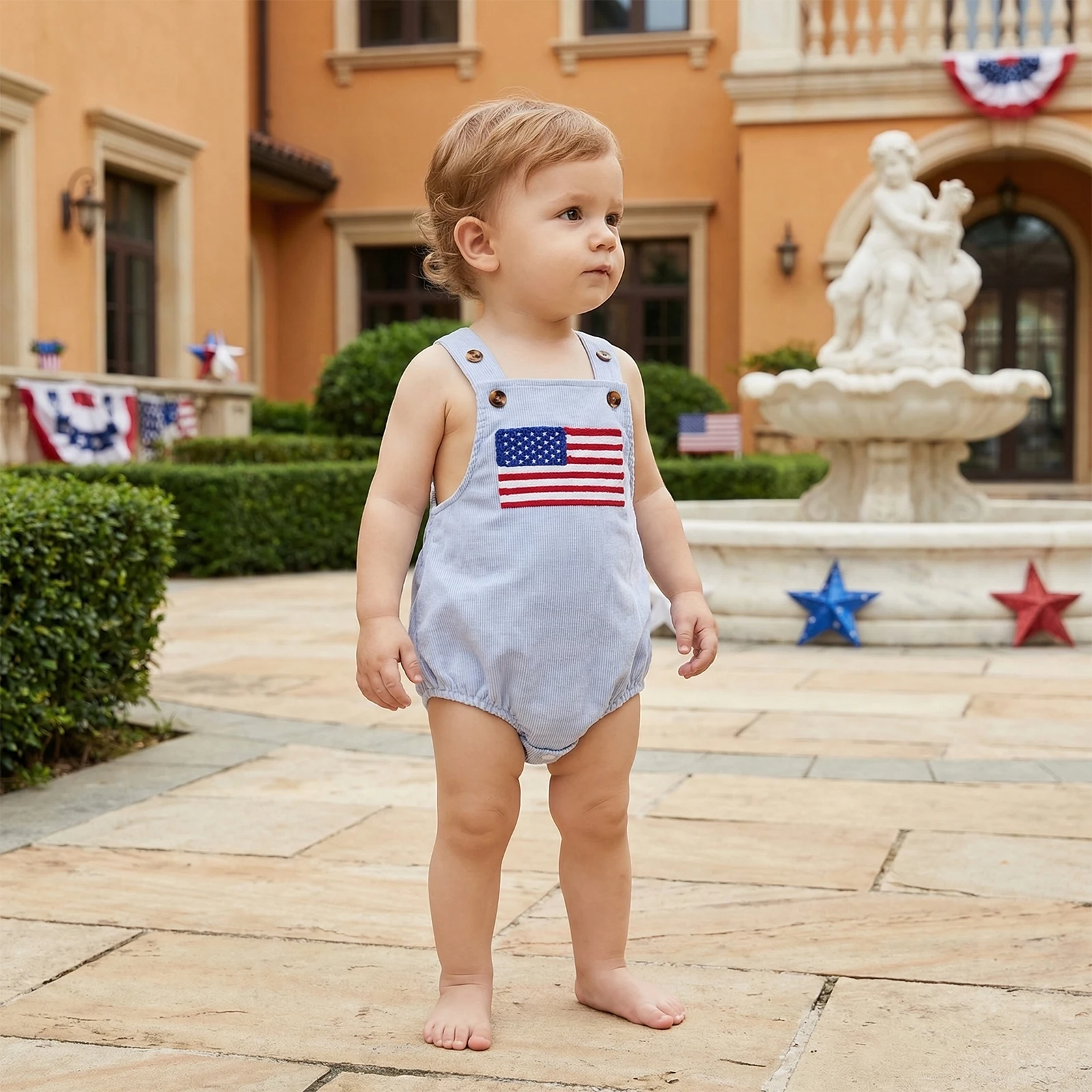 Roupas infantis para bebês, macacão 4 de julho, bandeira dos EUA, bordado, sem mangas, macacões patrióticos, roupas para recém-nascidos