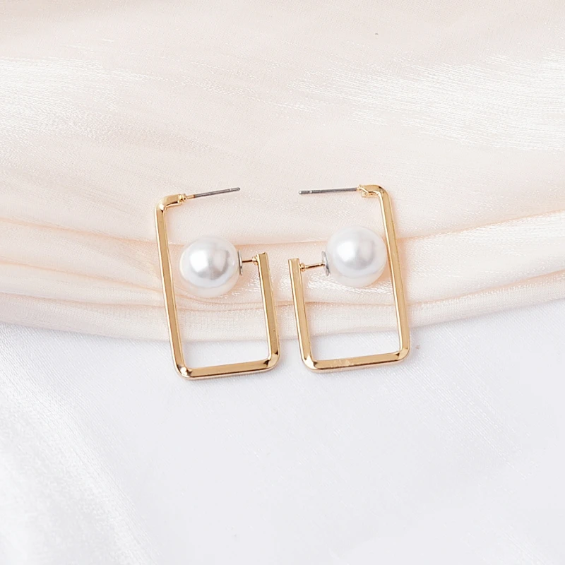 Detachable Imitation Pearl Stud Earrings Gold Color Metal Geometric Side Square Round Women\'s Earrings New Year Gitfs boucles