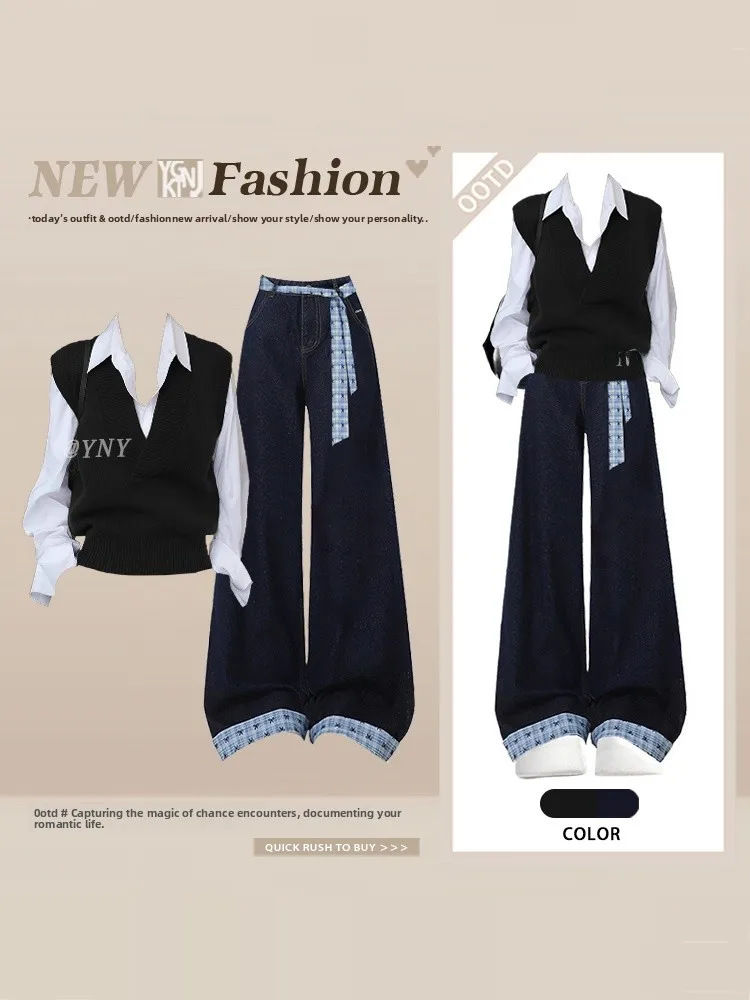 

Bla Knitted Vest irt Wide Leg Pants Belt Tee Piece Set Women Winter Anti Aging Elegance Ensemble College Casual Sle