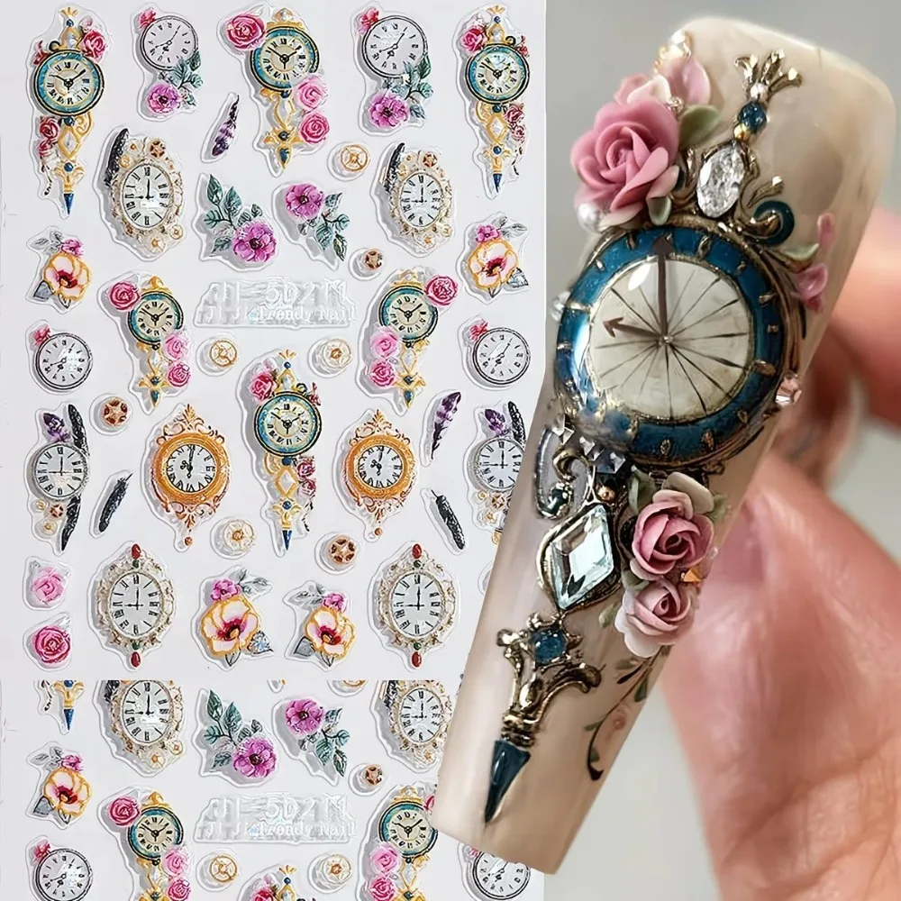 5D Embossed Clock Nail Art Stickers, Shiny Laser Flowers Clock Rose Florals Leaves Petal Self-Adhesive Nail Decals, Retro Chines