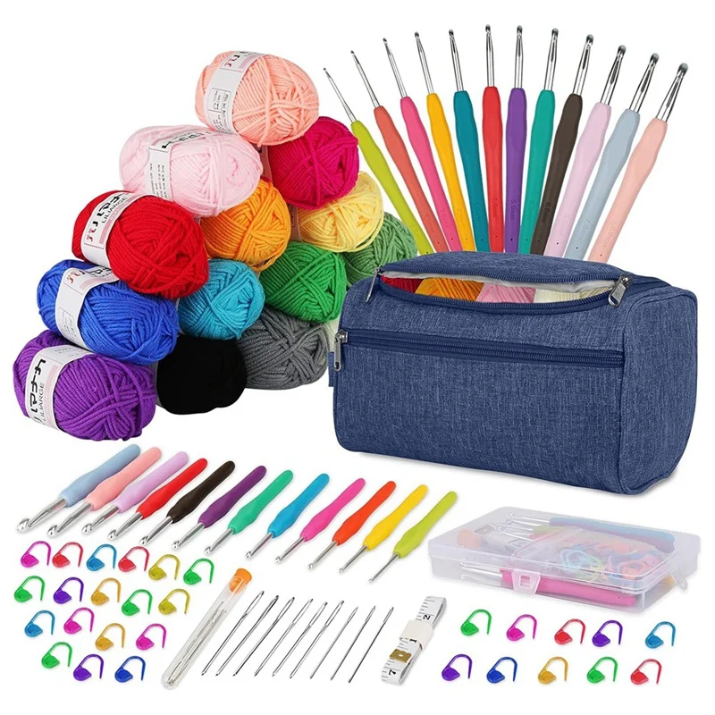 BMBY-Crochet Kits For Beginners Adults Crochet Kit 15Pcsx25g Crochet Yarns Ergonomic Metal Crochet Hooks Kit