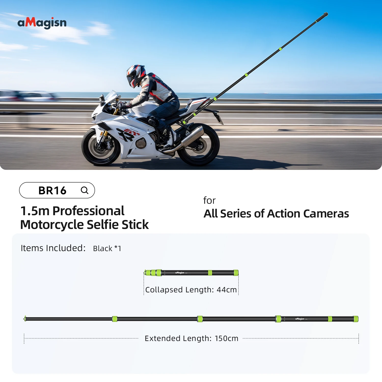 aMagisn 1.5m / 1.1m Motorcycle Selfie Stick 1/4” Threaded Metal Telescopic Pole for GoPro DJI Insta360 X6 X5 X4 Air Accessories image 3