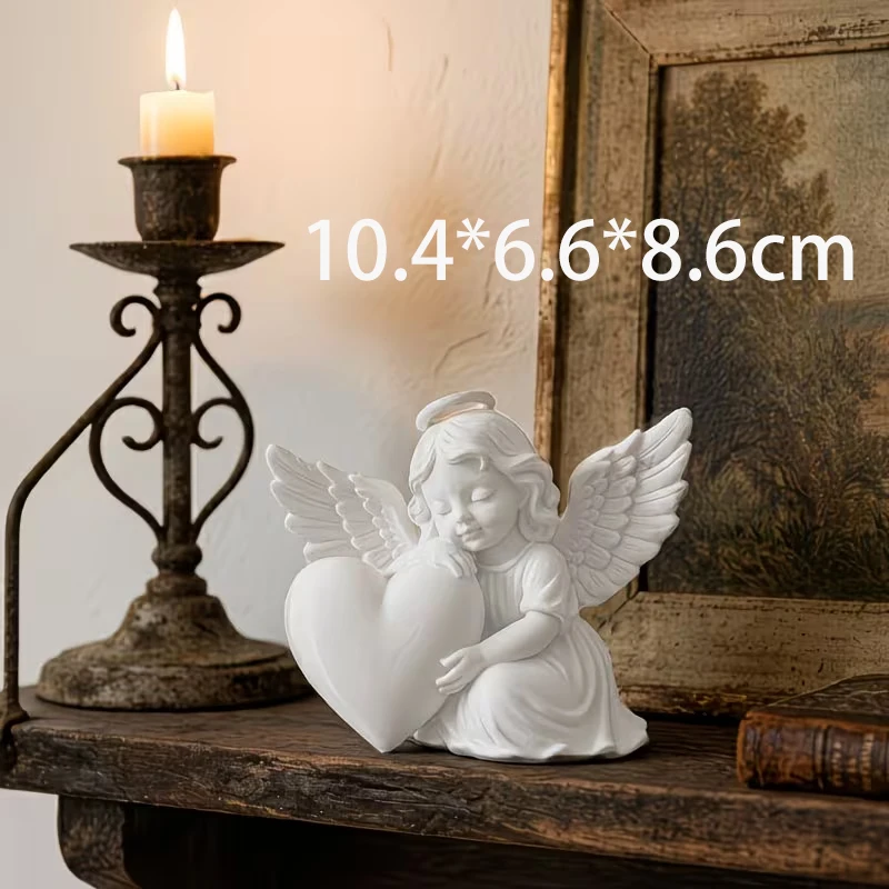 3D Printed Cute Cherub Angel Figurine Holding Heart White Sculpture Halo Wing Design Desktop Ornament
