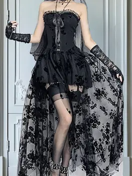 黑色蕾絲露肩長洋裝,復古維多利亞哥德式刺繡無袖A字裙,附網紗拼接 6 最佳銷售 維多利亞時代的服裝 - №5