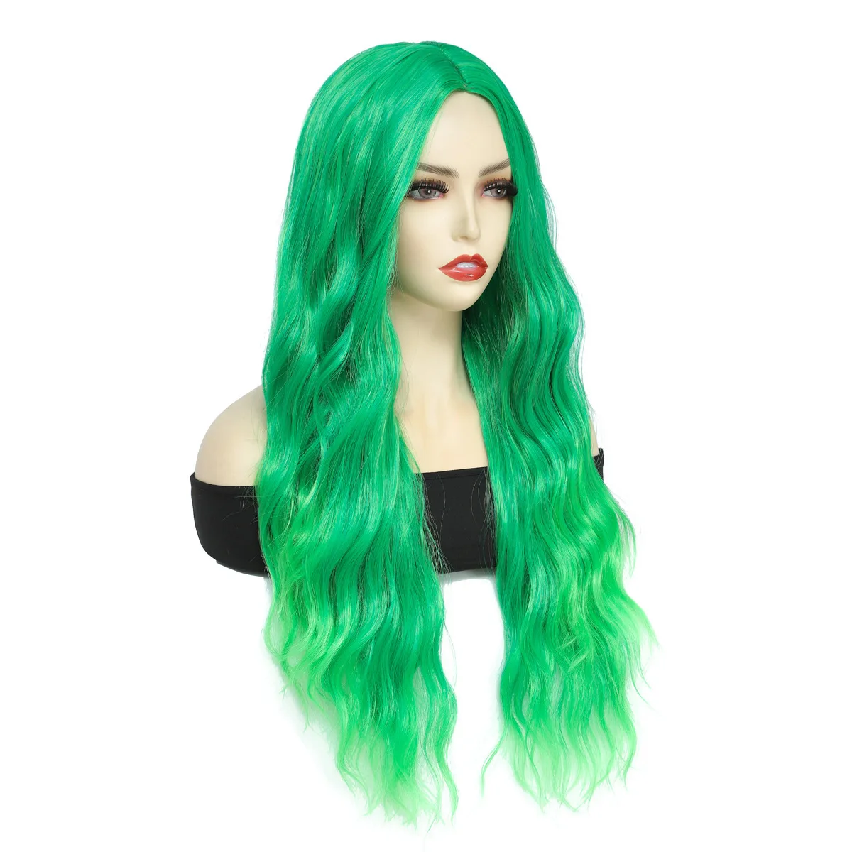

European And American Green False Hair Full Headpiece For Women Synthetic Fiber Middle Parting Wavy Long Curly Hair