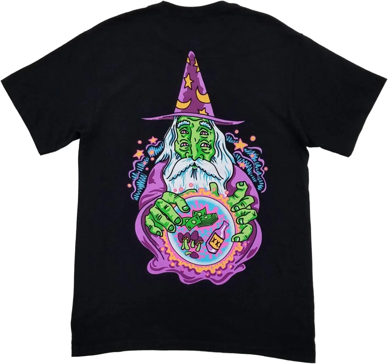 Mens Black Psychedelic Wizard Crystal Ball Magic Money Short Sleeve T-Shirt L