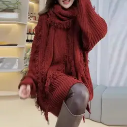 Autumn Winter Women Vintage Streetwear Oversize with Scarf Knitted Sweater Casual V Neck Solid Long Sleeve Tassel Chic Pullovers