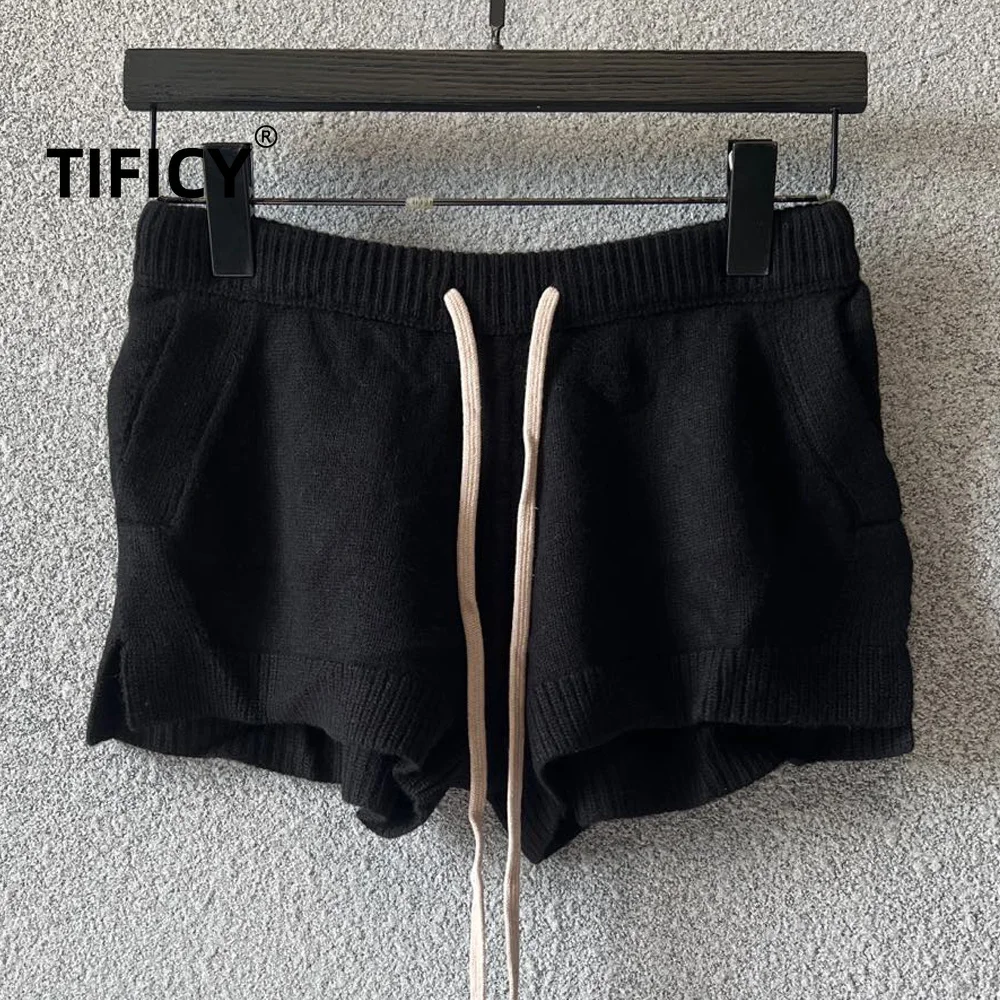 High Street  RO Black Shorts Women's Summer Dark StyleElastic Drawstring Wool Blend Solid Color Fitted Casual Knit Shorts