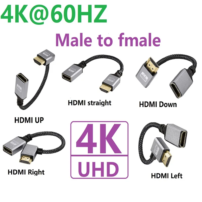 4K UHD V2.0 kabel HDMI 90 stopni w górę/w dół/w lewo/prostopadły HD do HD męski na żeński krótki nylonowy pleciony sznur do kamery HDTV