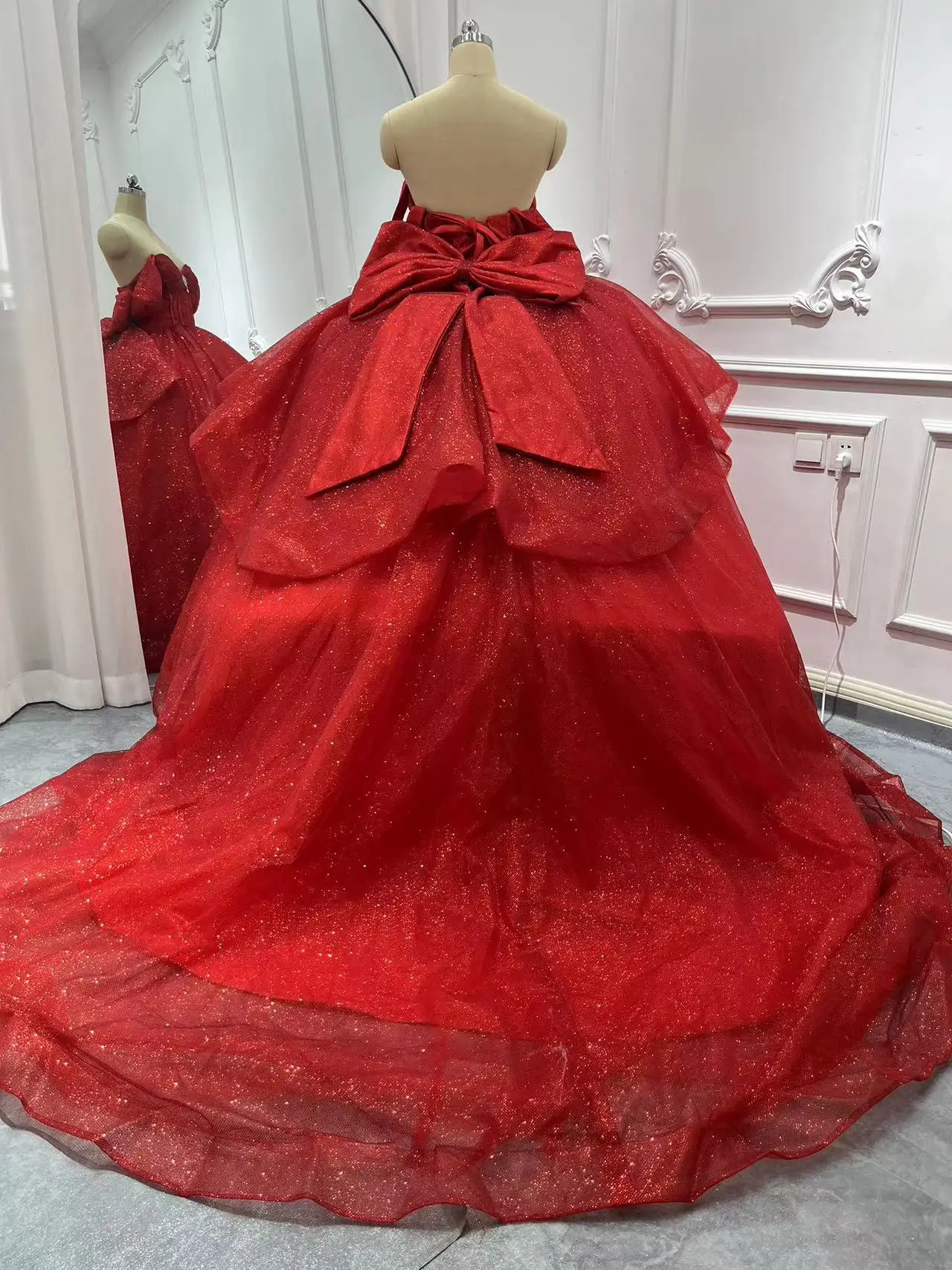 Real Picture Shinny Red Princess Girl Quinceanera Dresses Off Shoulder Crystal Bow Vestido De 15 Anos Birthday Party Prom Dress