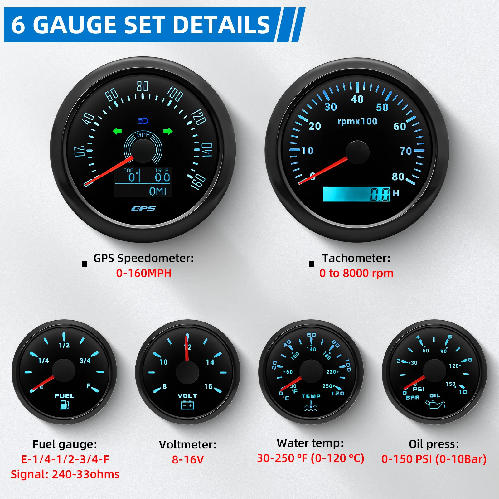 6 Gauge Kit 85mm 200KM/H Car Boat GPS Speedometer Tachometer 8000RPM Fuel Level Water Temp 0-120℃ Oil Pressure 0-10Bar 0-150Psi