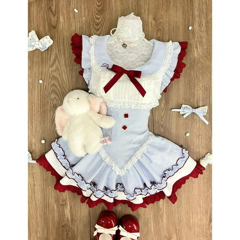 

Japanese Kawaii Lolita Dress Women Gothic Y2k Peter Pan Collar Blue Plaid Bow Dresses Sweet Lace Patchwork Slim Party Mini Dress