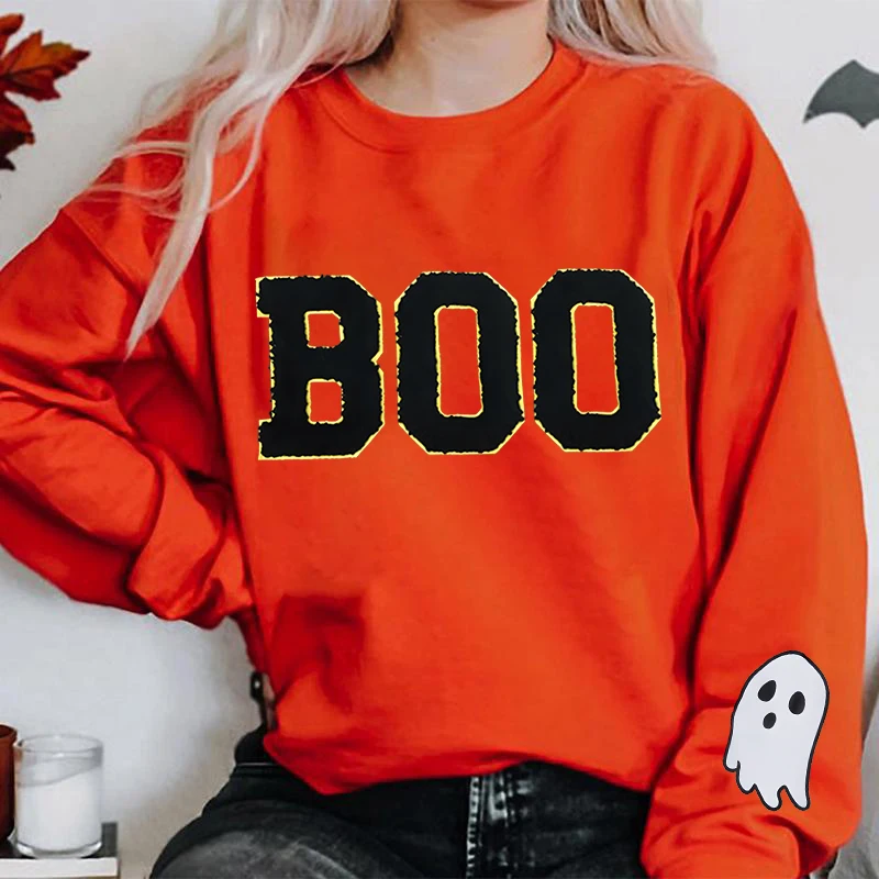 Halloween BOO Graphic Oversized Sweatshirts Women Funny Halloween Ghost Sweatshirt Long Sleeve Crewneck Pullovers Plus Size