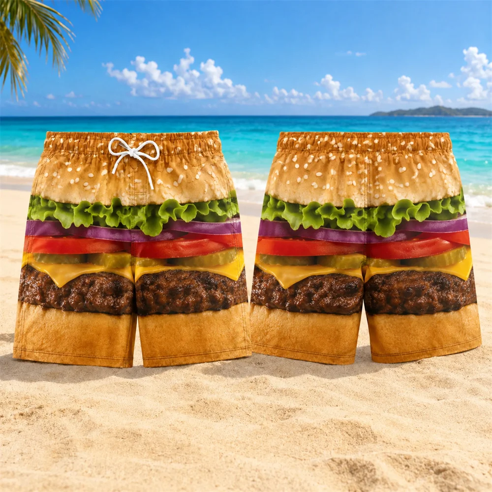 3D Print Fries Popcorn Burger Swim Trunks For Men Beach Casual Quick Dry Funny Food Pattern Beach Shorts Summer Hot Sale Viral