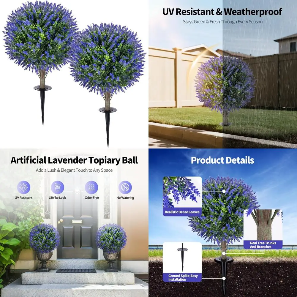 أشجار توبياري من خشب البقس اللافندر الاصطناعي - زوج من 26 شجيرات صناعية دائمة الخضرة مقاومة للأشعة فوق البنفسجية مع مسامير أرضية للديكور الخارجي