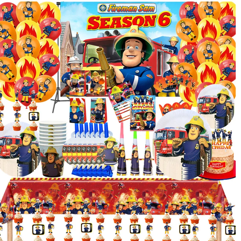 Conjunto de suprimentos para festa de feliz aniversário, tema sam de bombeiro, copo de fundo, guardanapos, toalha de mesa, festa infantil, meninos, decoração de balões