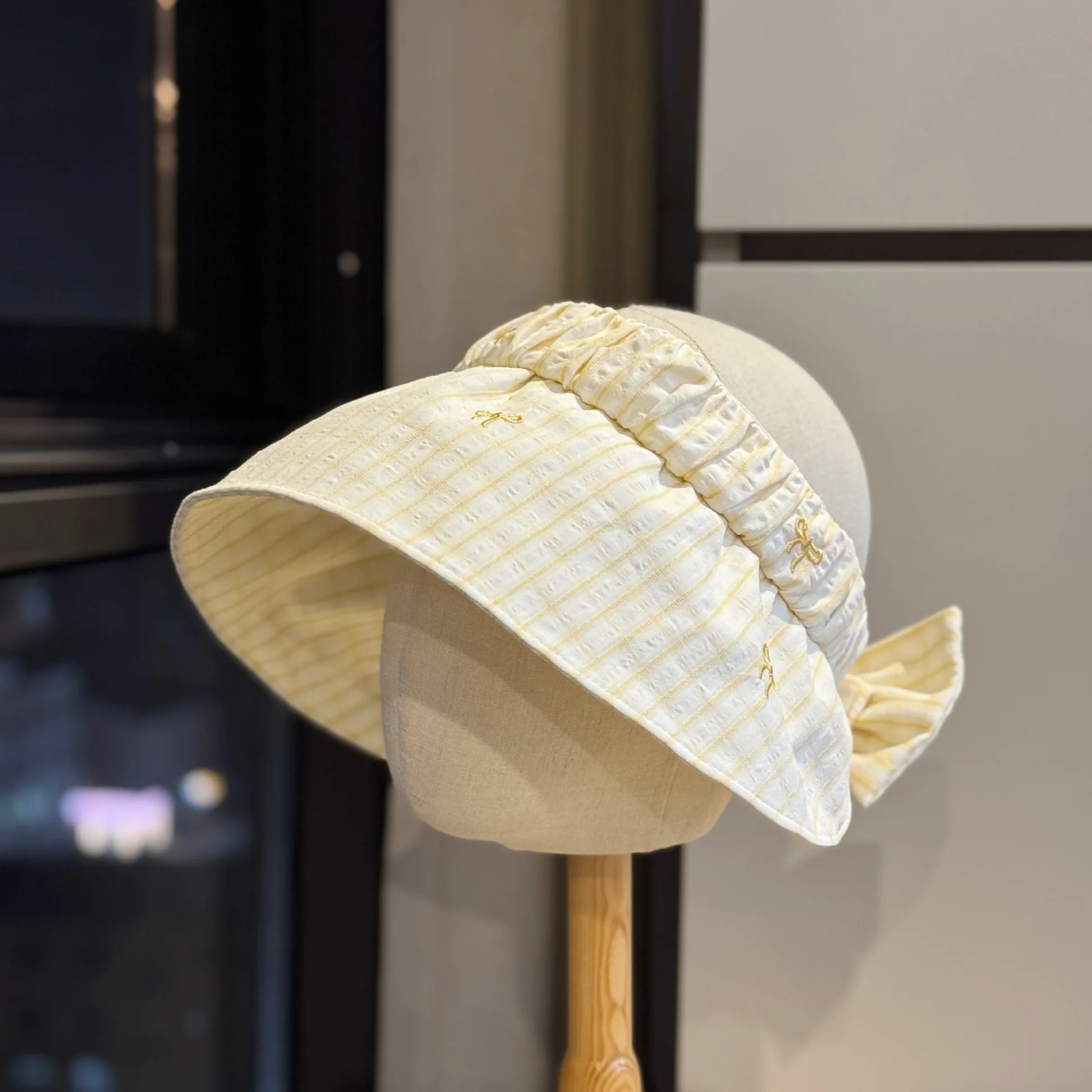 Women Summer 100% Cotton Plaid Bow Decor Empty Top Sun Hat Uv Protection Wide Brim Adjustable 54-60cm Visor Cap For Beach Travel