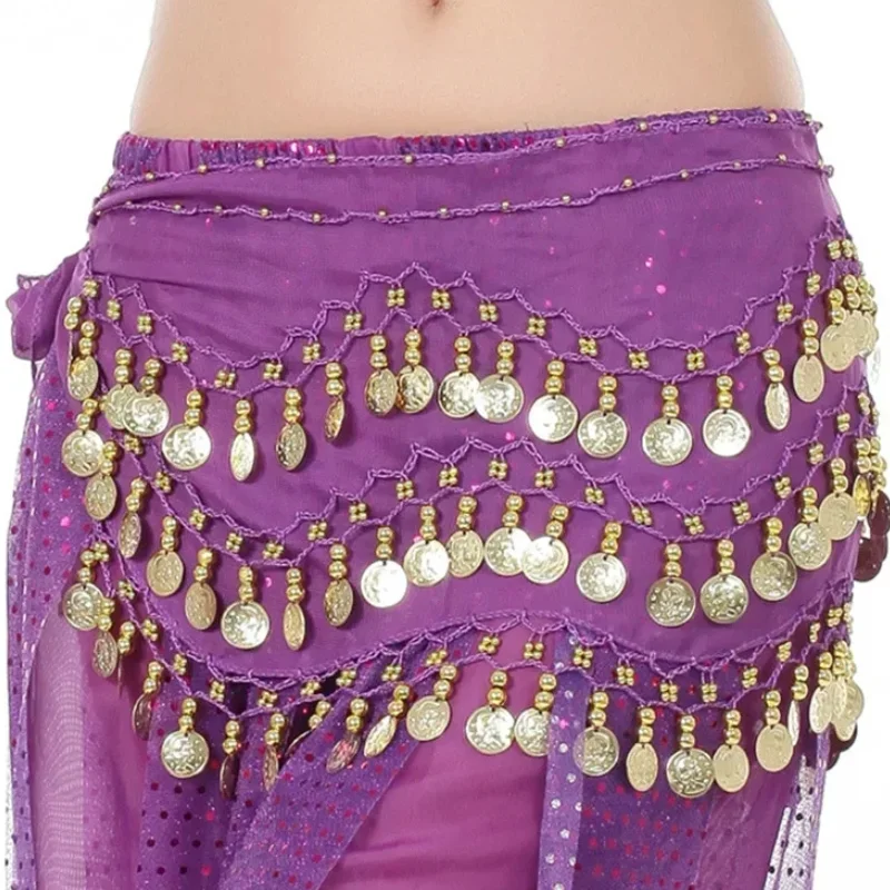 Buikdans Riemen 3 Rij Riem Gold Tone Munten Riem Vrouwen 140 Cm Pailletten Kwasten Chiffon Hippe Sjaal Accessoires Voor buikdans Riemen