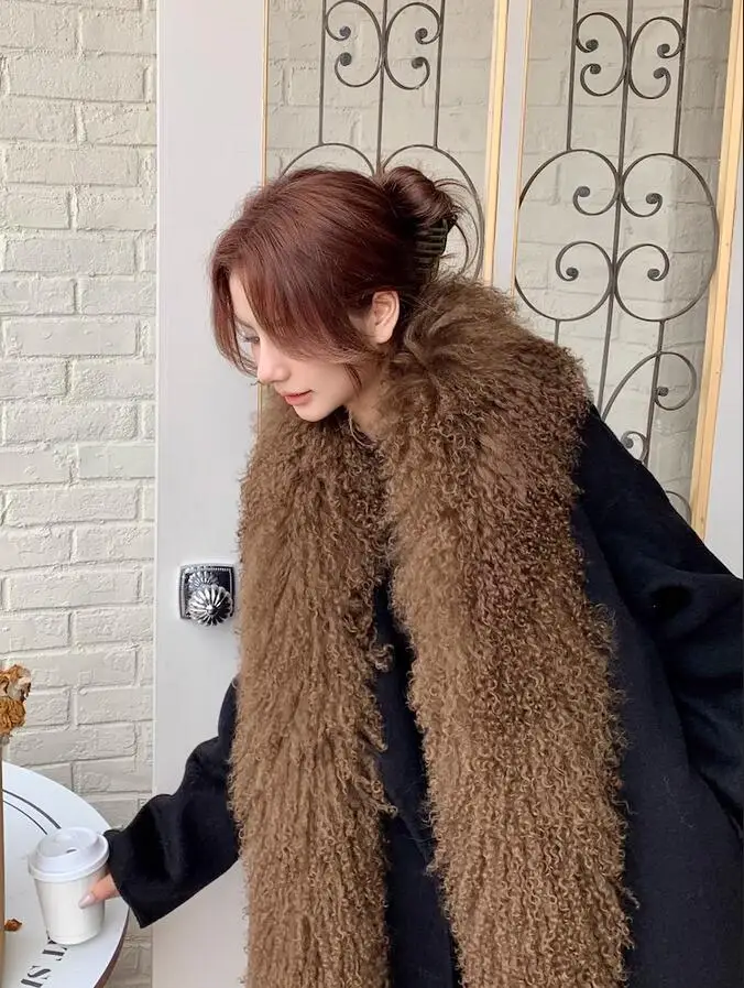 Natural Long Mongolian Lamb Fur Scarves Women Winter Thick Warm Real Wool Shawl Fur Muffler Scarf