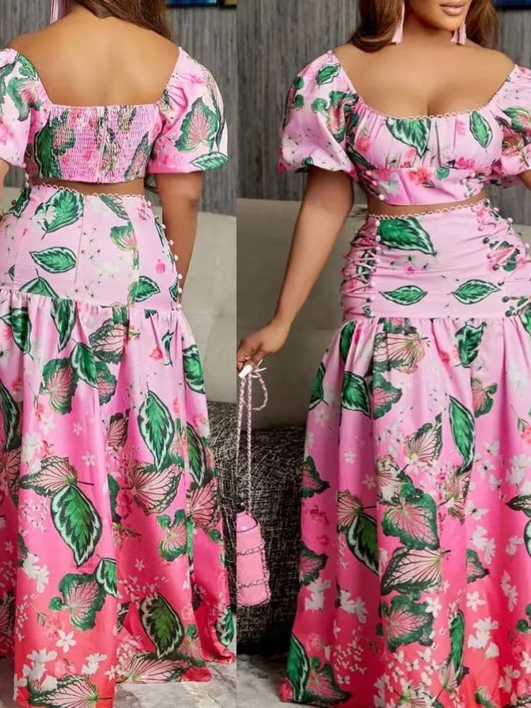Two Piece Set Women's High Waisted Skirt Backless Top Gradient Printed Strap Skirt A-line Women's Beach Vacation Dress Set 2024