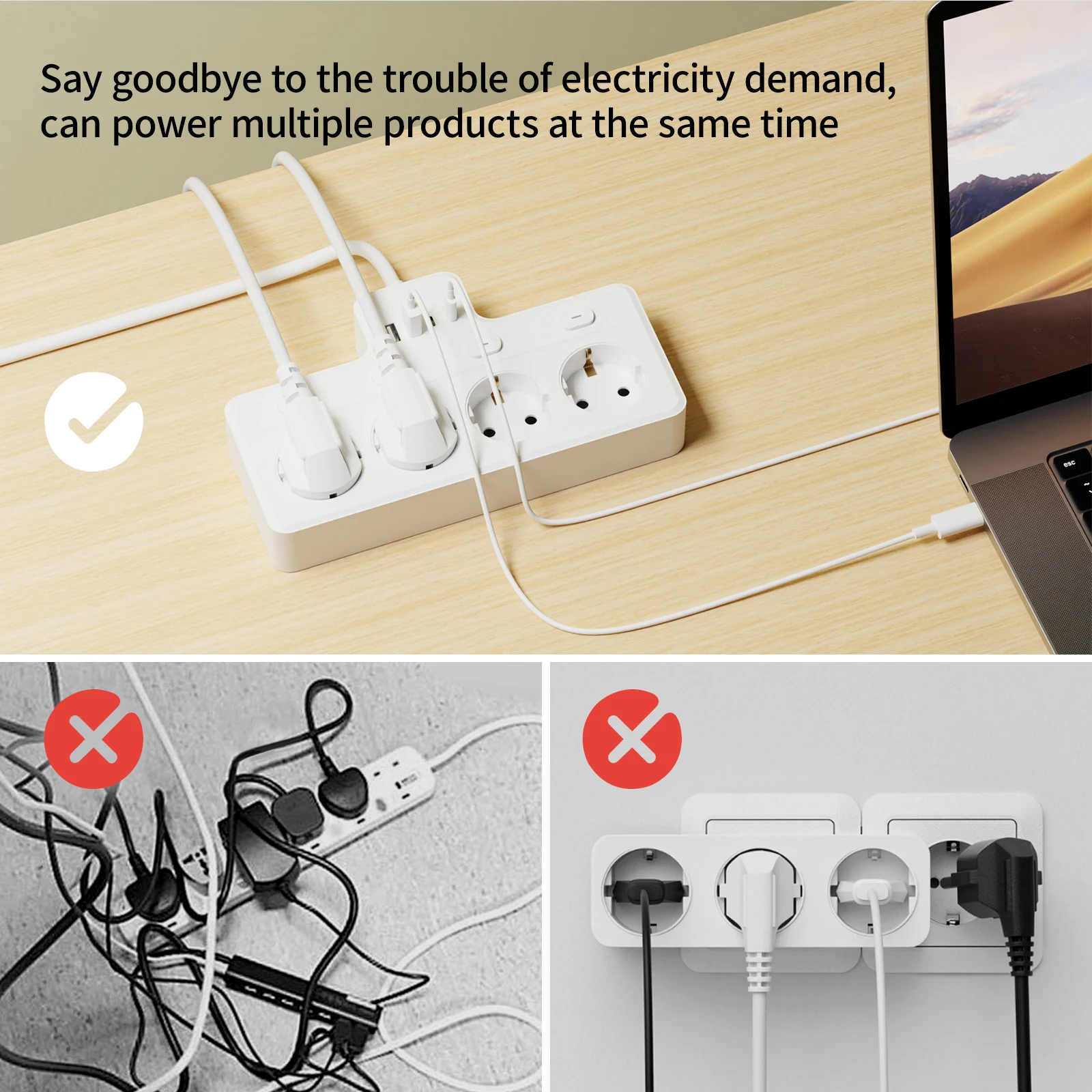 لوحة طاقة 8 في 1 من الاتحاد الأوروبي، لوحة توصيل سلك تمديد الطاقة متعددة المفاتيح، 4 مقابس تيار متردد، 2 USB 2 Type-C، ثابت شحن جدار سطح المكتب