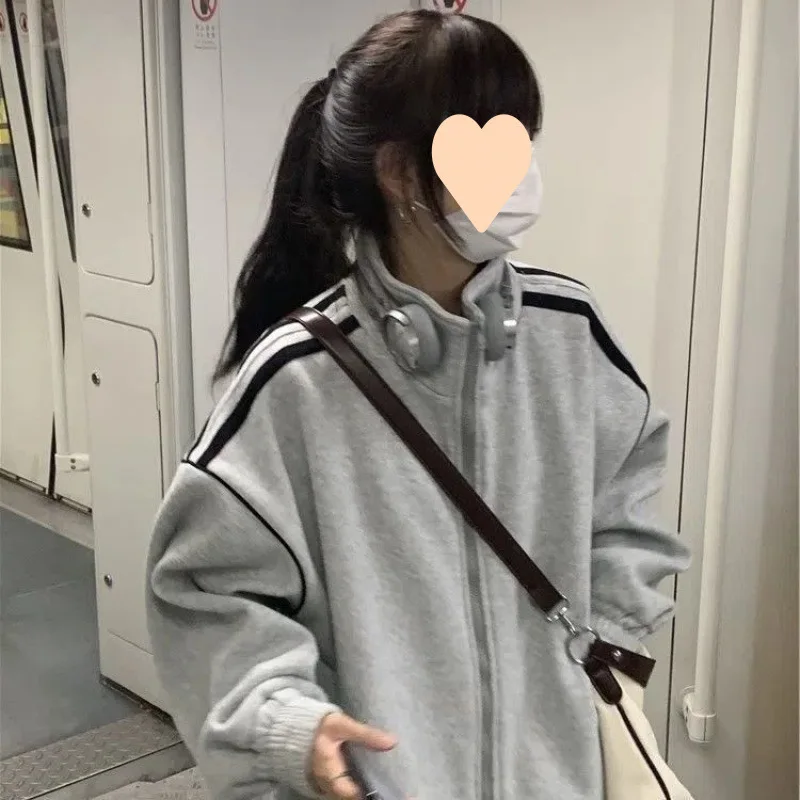 

Baseball Jackets Grey With White Sleeves Womens Winter Fur Outdoors Flexible Ribbed Textured Racer Canvas Two-Sided Hoody Ladies