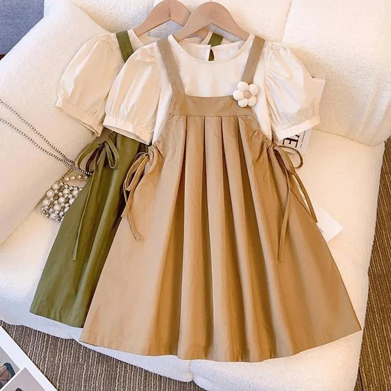 

Children's O-neck Short Puff Sleeved Pleated Dress Girls' Casual A-line Suspender Dress Summer 2024 New