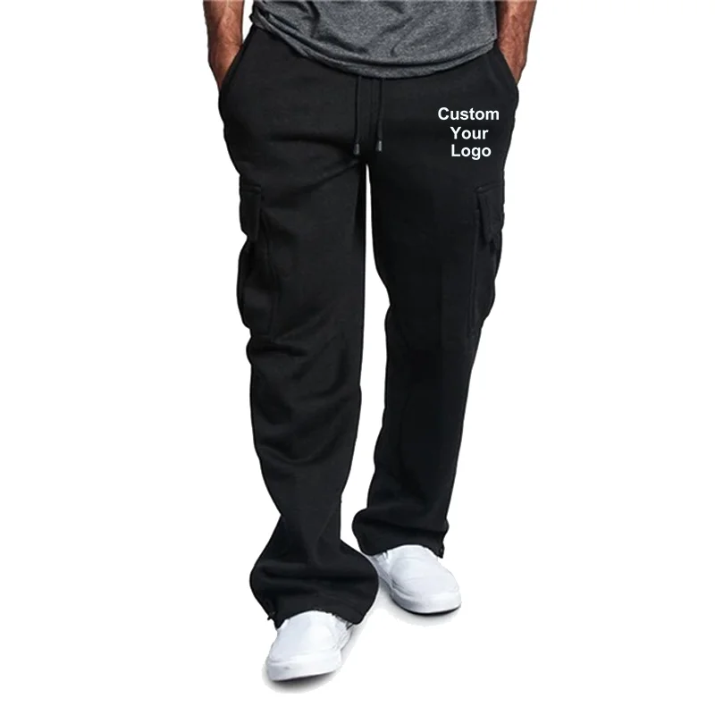 New Mens Fashion Custom Your Logo Loose Casual Cargo Pants High Waist Drawstring Pants Straight Trousers