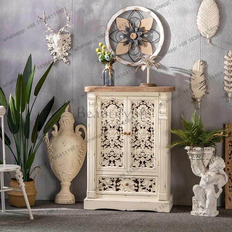 FG retro solid wood bucket cabinet dining room hollow carved locker living room wall multi-functional side cabinet