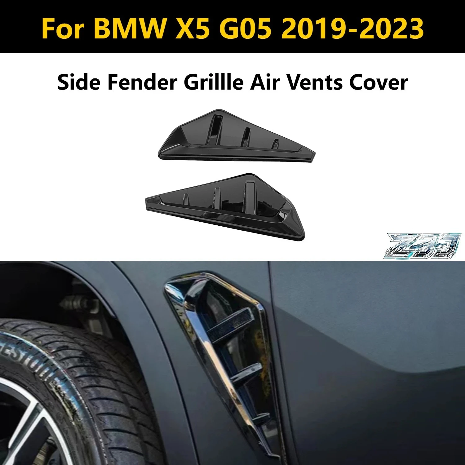 ABS Hochglanz-Schwarz Seitenkotflügel-Grillabdeckung mit Haifischschwanz-Lüftungsöffnungen für BMW X5 G05 2019-2023, Zubehör für Außenmodifikationen