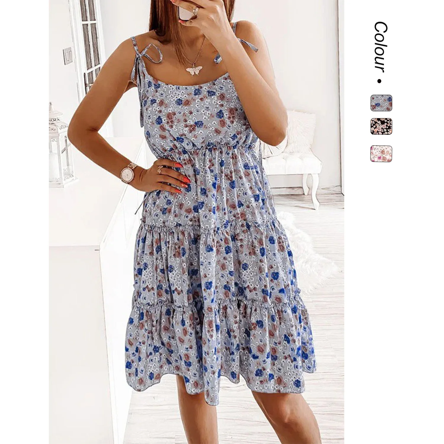 New European and American spring and summer express sales small floral temperament commuter shoulder strap sexy dress 8558