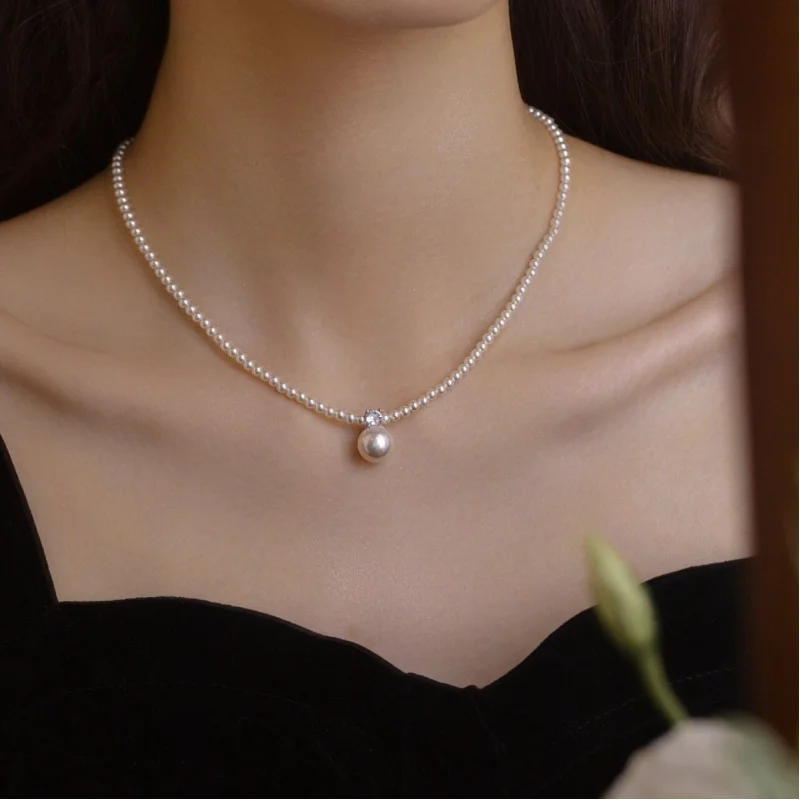 s925Sterling Silver Shijia Pearl Necklace Women's Light Luxury High-Grade Perfect Circle Diana Pendant Clavicle Chain Elegant Je