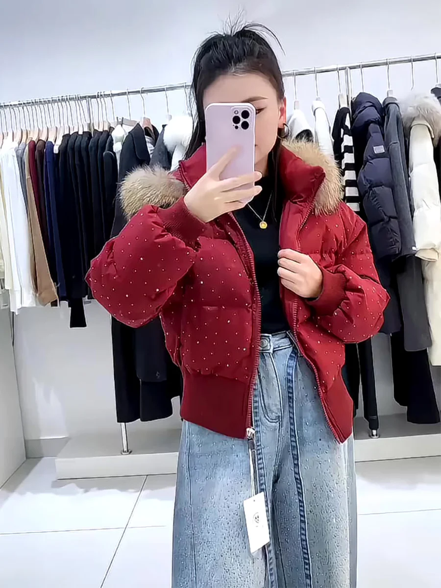 

Red ort Women's down Jaet Winter New Sle Hat with Fur Collar Thermo Drill 90 White Du down Warm Thi Outerwear