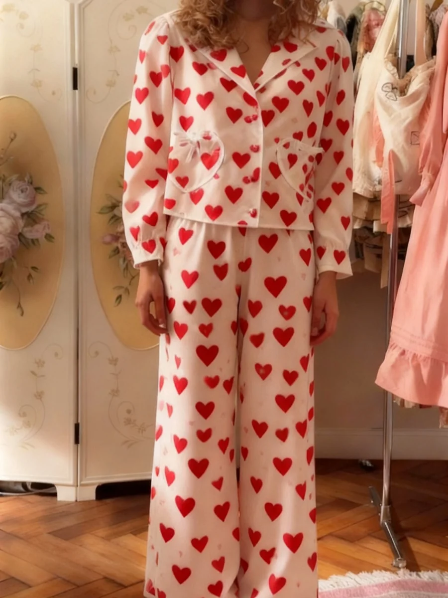 

Women's Valentine's Day Pajama Set Long Sleeve Lapel Dot/Heart Print Shirt Pants Sleepwear