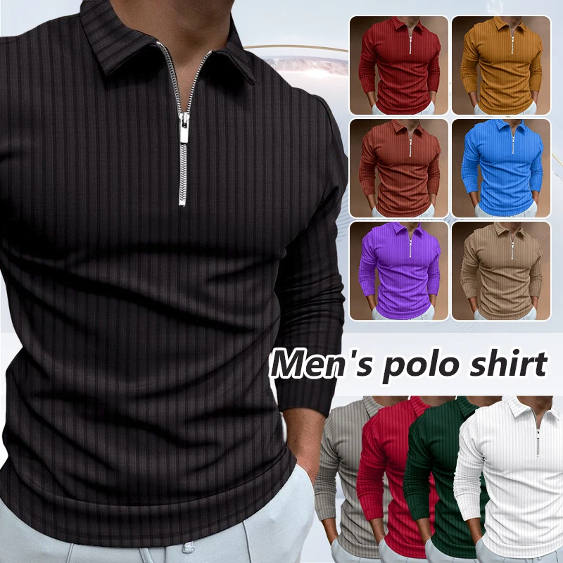 Big Sale!! Spring Autumn Stretch Men Long Sleeve Polo Shirts Casual Classic Solid Color Stripe T-Shirt Fashion Lapel Tops S-3XL