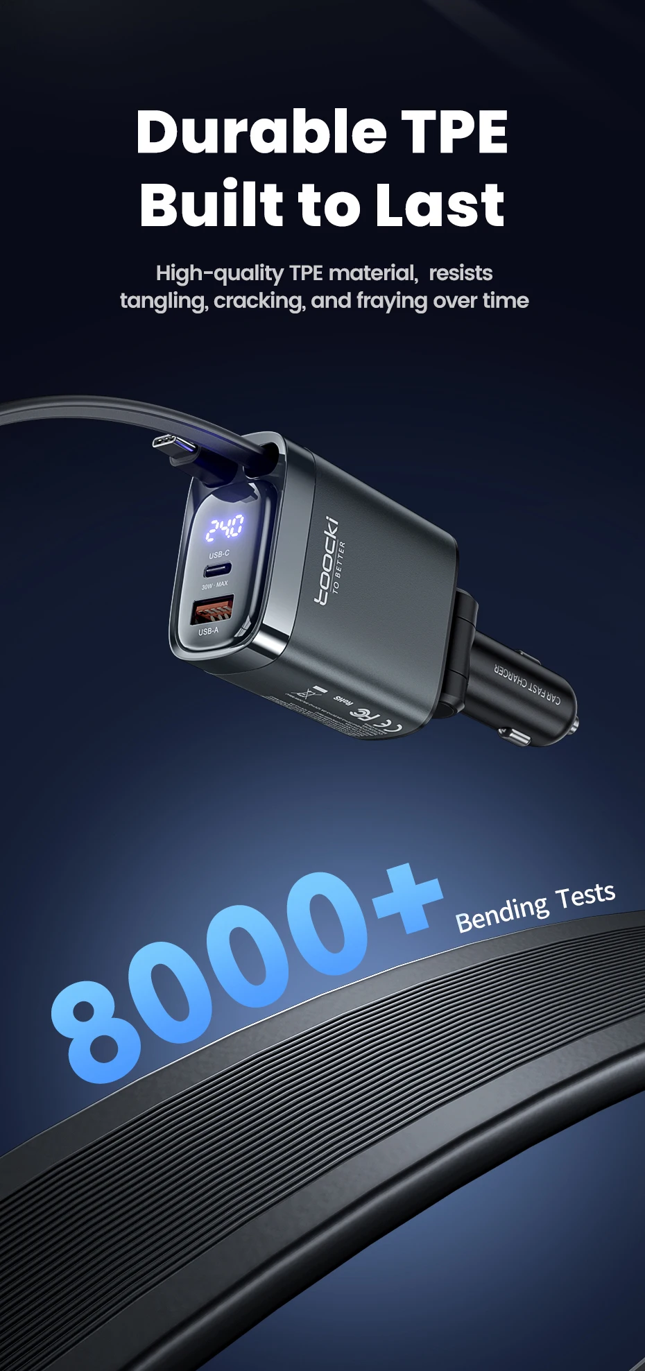 Toocki 4 IN 1 einziehbares Autoladegerät 105 W Handy-Ladegerät Typ C-Kabel für iPhone 16 15 Schnellladekabel Zigarettenadapter – Detail 8