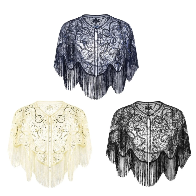 573B Elegant Art Charm Beaded Capelet Shawl With Fringe Trim For Women Antique Outfit