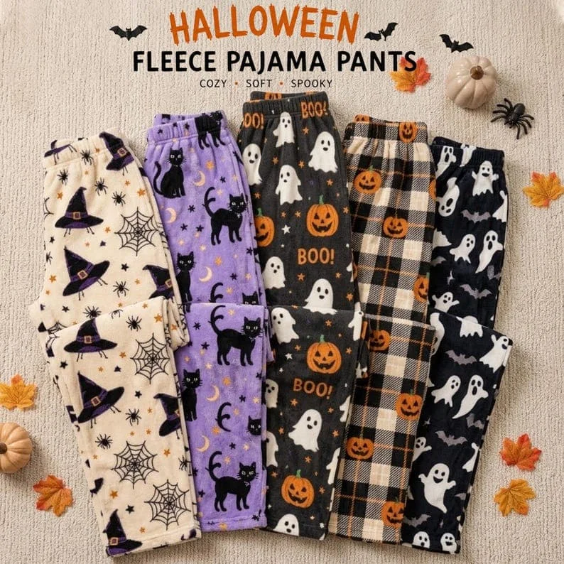 Halloween Fleece Pajama Pants Men Women Kids Soft Cozy Sleep Trousers Ghost Pumpkin Black Cat Witch Hat Print Casual Loungewear
